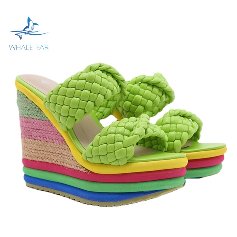 2023 JY Summer New Platform Wedge Sandals For Women's With Lovely Rainbow Color Weave Fish Mouth High Heels Shoes