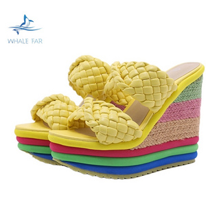 2023 JY Summer New Platform Wedge Sandals For Women's With Lovely Rainbow Color Weave Fish Mouth High Heels Shoes