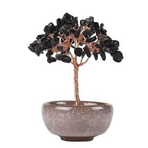 Wholesale Pure Natural Obsidian Rose Quartz Amethyst Crystal Tree With Tea Cup Base For Decoration