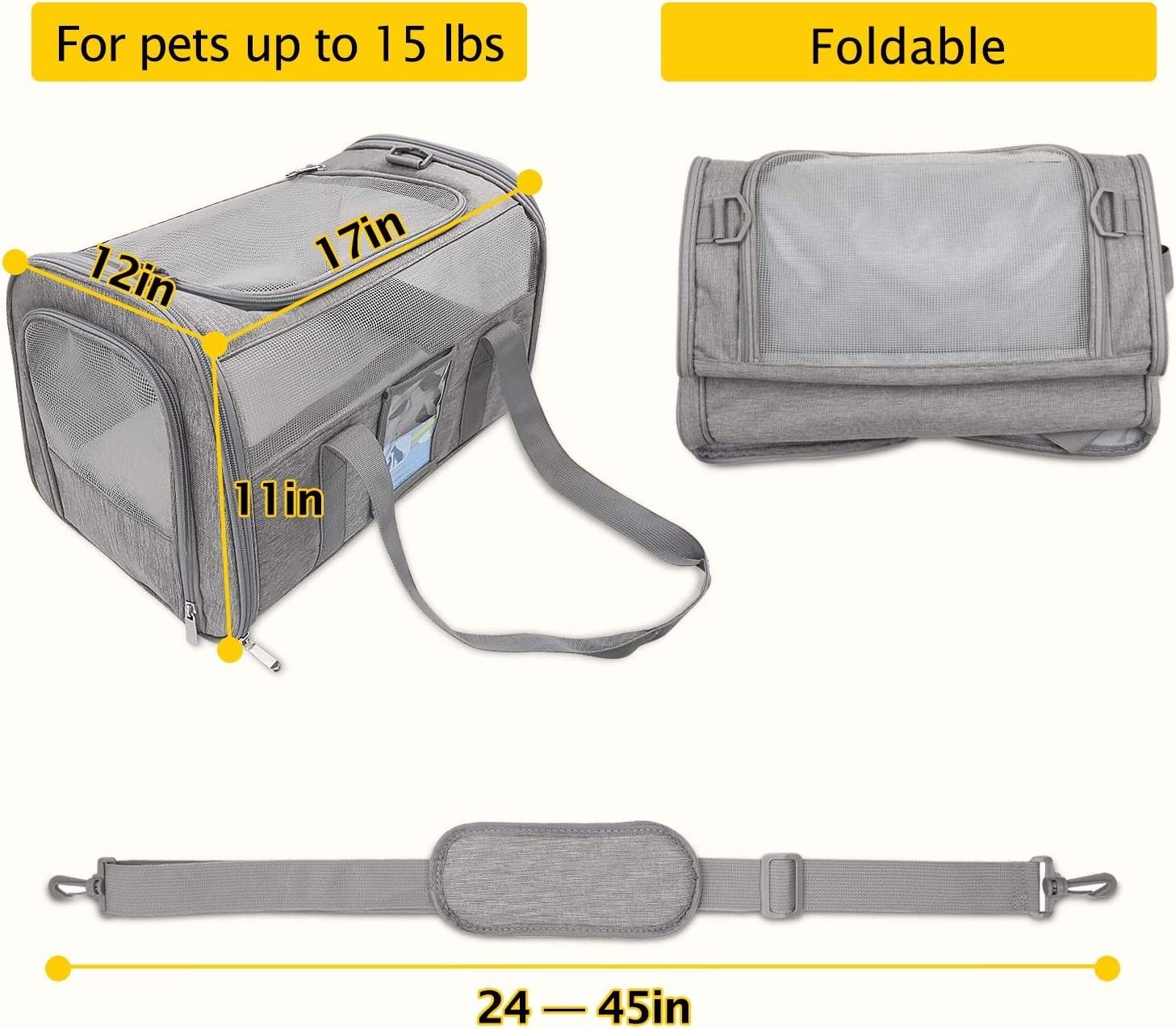 Airline Approved Cat Carriers15 Lbs of Puppy Carrier Soft Pet Cages Carrier for Cats Dogs