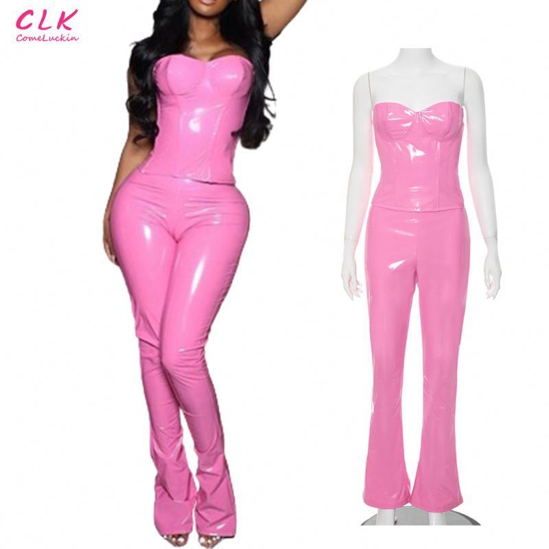 Custom Logo New Sexy Pu Leather 2 Piece Set Women Club Outfit Strapless Zipper Corset Crop Top+high Waist Flare Pants