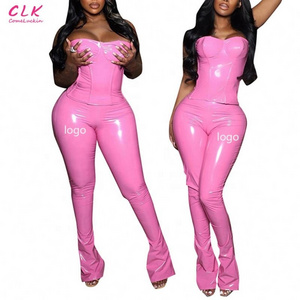 Custom Logo New Sexy Pu Leather 2 Piece Set Women Club Outfit Strapless Zipper Corset Crop Top+high Waist Flare Pants