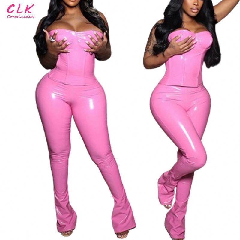 Custom Logo New Sexy Pu Leather 2 Piece Set Women Club Outfit Strapless Zipper Corset Crop Top+high Waist Flare Pants