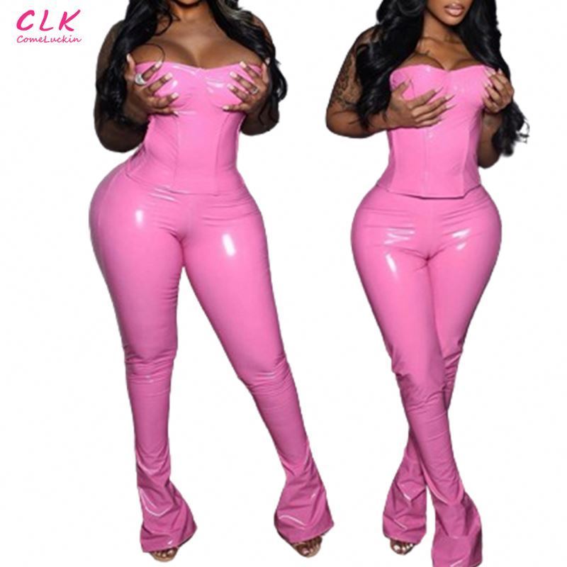 Custom Logo New Sexy Pu Leather 2 Piece Set Women Club Outfit Strapless Zipper Corset Crop Top+high Waist Flare Pants