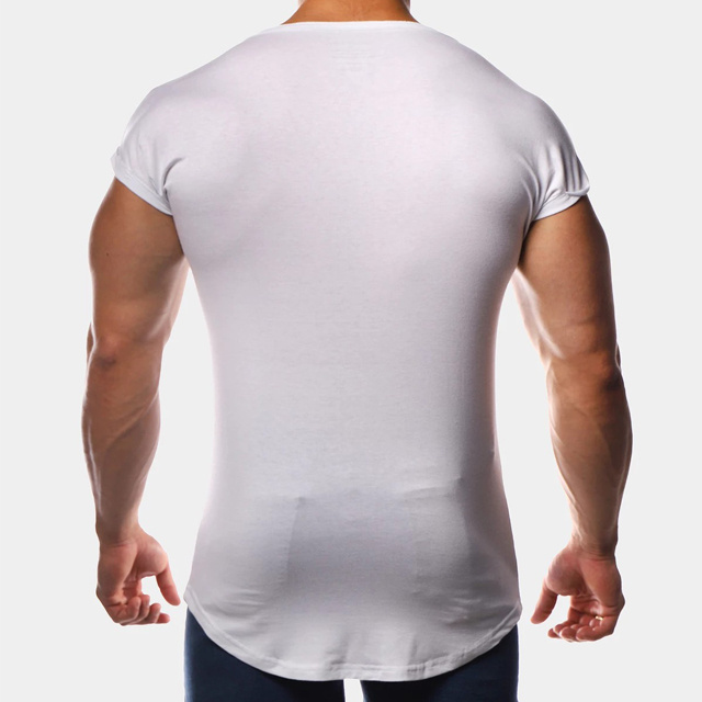 Custom print logo long line drop tail muscle fit capped sleeve men white cotton t shirt wholesale