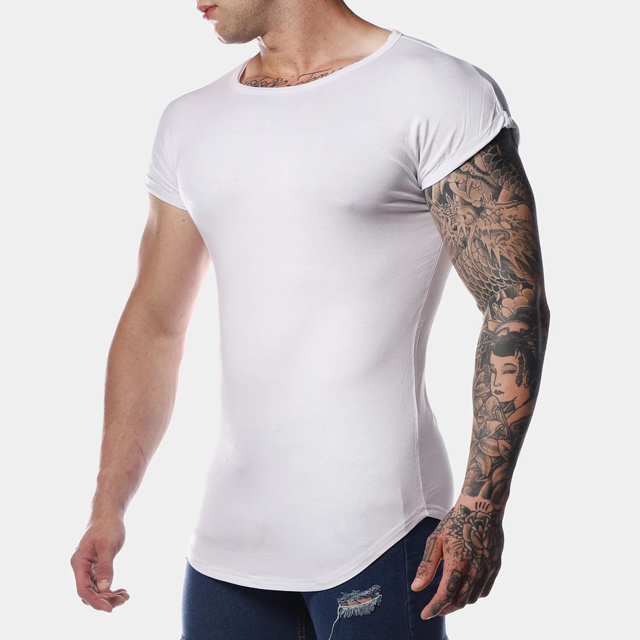 Custom print logo long line drop tail muscle fit capped sleeve men white cotton t shirt wholesale