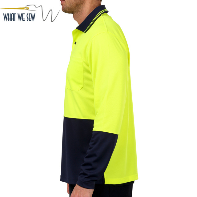 Hi vis yellow and black two tone long sleeve mens polo shirt with chest patched pocket