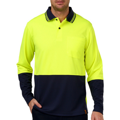 Hi vis yellow and black two tone long sleeve mens polo shirt with chest patched pocket