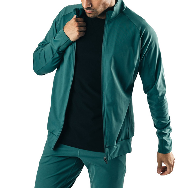 Durable nylon high stretch premium gym wear apparel zip up jacket for men with ribbed hem and cuff