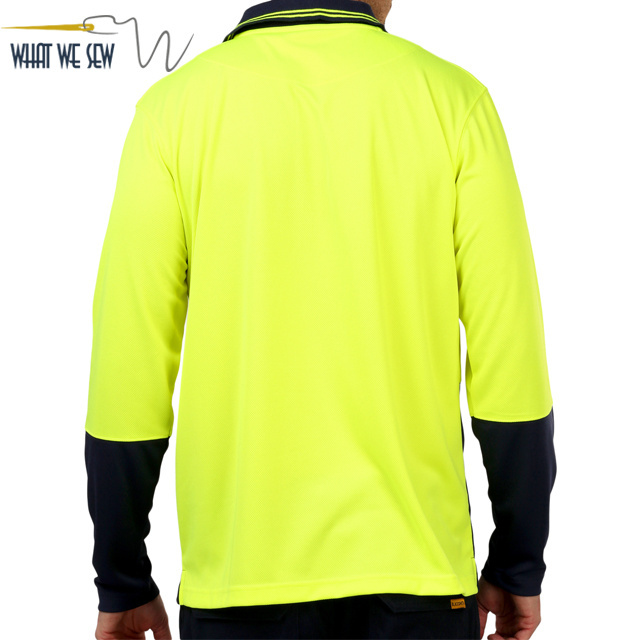 Hi vis yellow and black two tone long sleeve mens polo shirt with chest patched pocket