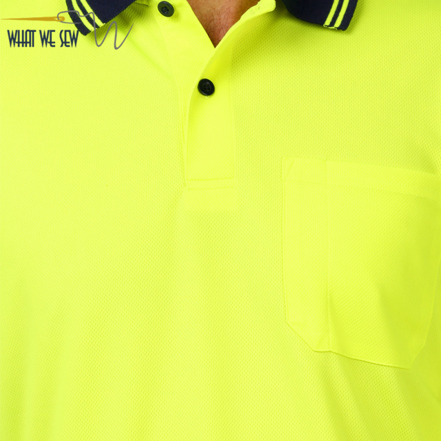 Hi vis yellow and black two tone long sleeve mens polo shirt with chest patched pocket