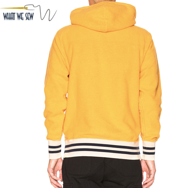 Custom mens heavyweight hoodie yellow sweatshirt with black and white striped knit rib fabric cuff