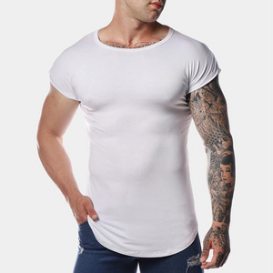 Custom print logo long line drop tail muscle fit capped sleeve men white cotton t shirt wholesale