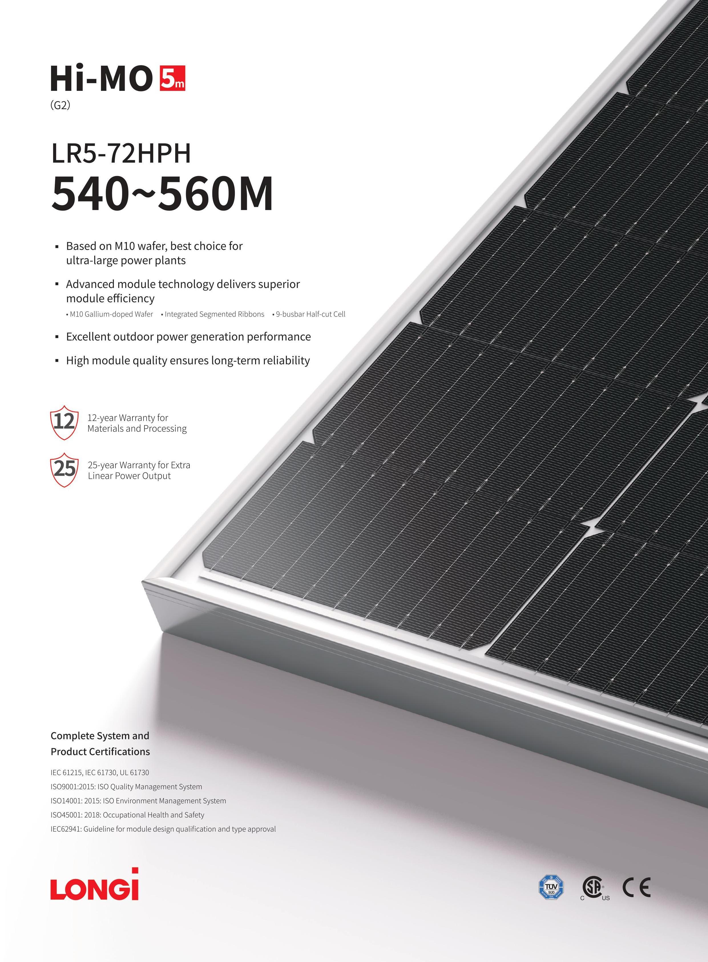 Longi Mono Solar Panels Lr5-72hph-550m 545w 550w 555w Solar Modules Photovoltaic PV Solar Panel 550w