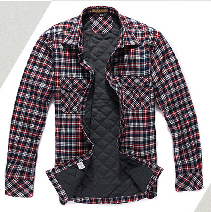 Mens quilted flannel shirts checked long sleeve winter plaid lined shirt