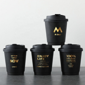 4oz 8oz 12oz disposable double wall gold foil stamping custom logo all black hot coffee paper cup with PS lid