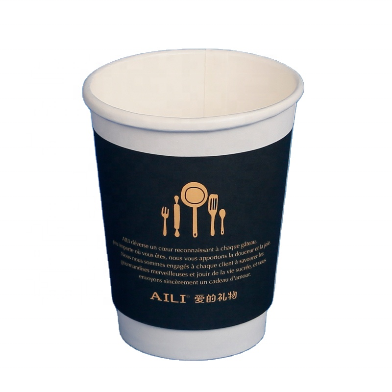 4oz 8oz 12oz disposable double wall gold foil stamping custom logo all black hot coffee paper cup with PS lid