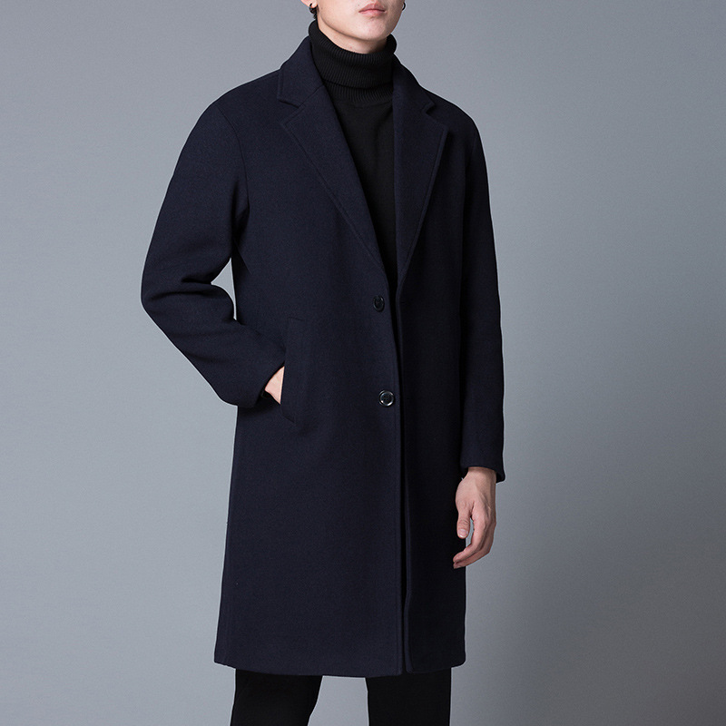 Business Gentlemen Trench Coat Men's Wool Blend Coat Lining Quilted Single Breasted Pea Coat Knee Long Jacket