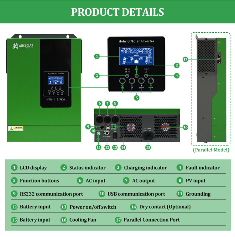 WHC 3.5KW 5.5KW Mppt Solar Power Inverter 24V Dc To 220V Ac Solar 48V Off Grid Mppt Pure Sine Wave Hybrid Solar Inverter