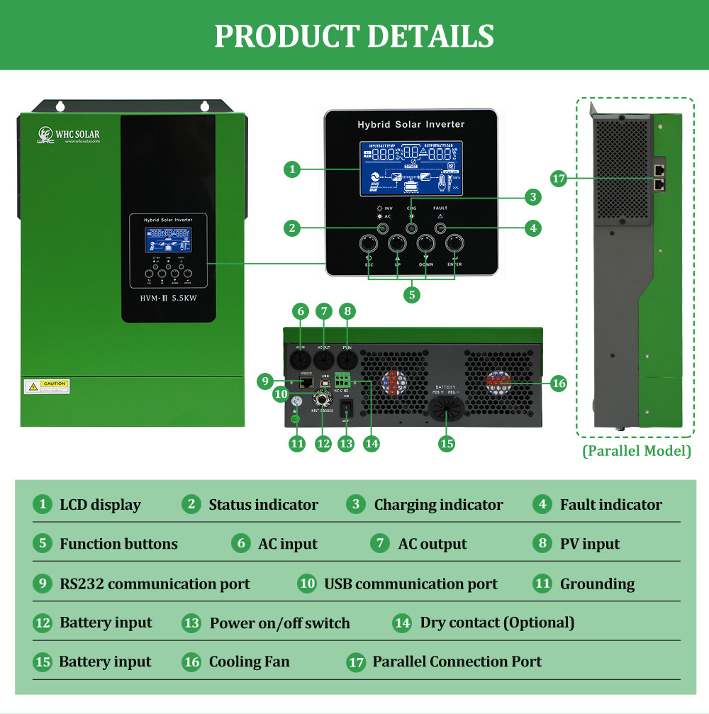 WHC SOLAR 3.5Kw 5.5Kw Hvm Mppt Split Solar Power Inverter 48V Dc To 220V Ac Solar Inverter 3Kw 5Kw 8Kw Hybrid Onduler Solaire