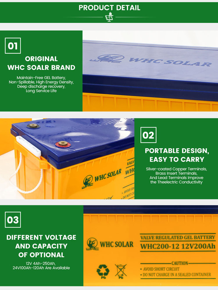 WHC Long Life 12V 24V 100AH 120AH 250AH Deep Cycle Lead Acid Gel Battery 12V 200AH AGM 12V Solar Battery