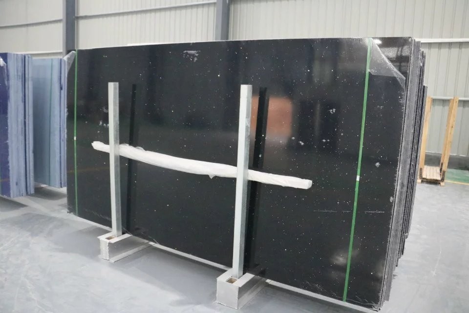 Sparkling Mirror Black Galaxy Quartz Slab for Countertop Stone Wholesale