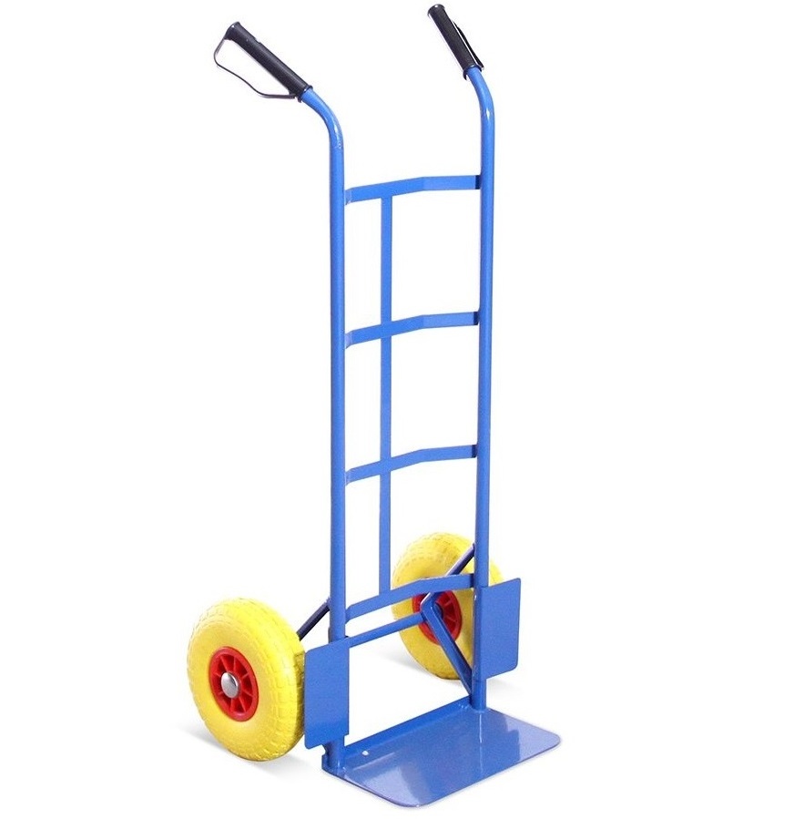 Steel construction High Back P-Handle Industrial Steel Sack Truck with Anti-puncture rubber tyres blue color flat free tires