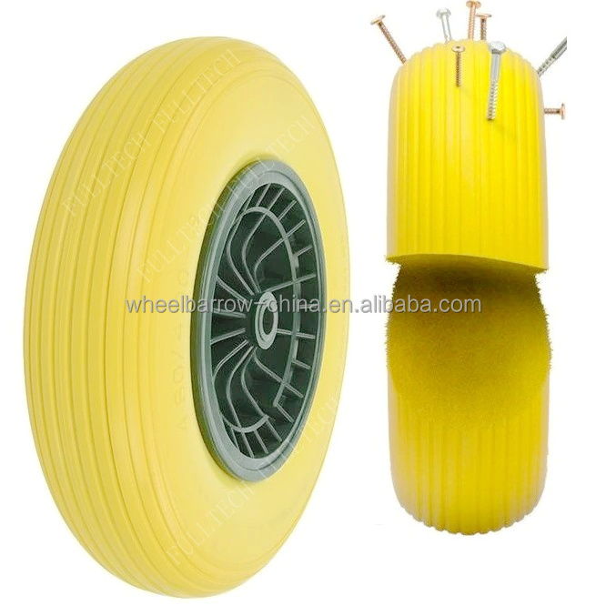 PU foam Puncture proof polyurethane flat free wheel tubeless Solid Wheelbarrow Wheel with Professional Anti-Puncture Axle