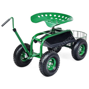 Garden Cart Rolling Work Seat for Planting w Extendable Handle Swivel Seat