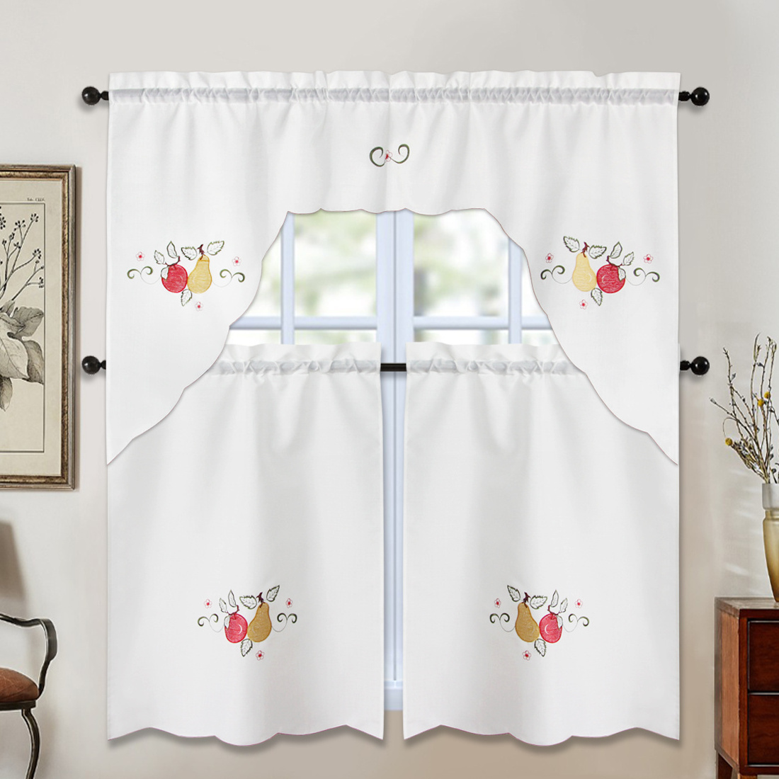 Beautiful Home Decorative Classic American Patchwork Design Embroidered Door Beige Window Kitchen Fruits Curtains 3-piece set