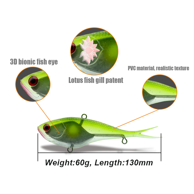 THOR FORCE New Design 13cm 60g fishing lure  Sal water Sinking Split Tail Soft VIB Fish Lure Lead Sinker inside soft lures baits