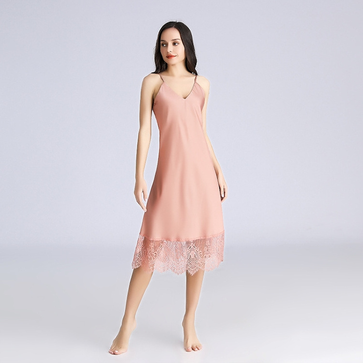 Summer Home Wear Sleeveless Solid Satin Silk Camisole Lace nightdress Women A-line Spaghetti Strap Dress Ladies Camisole Dress