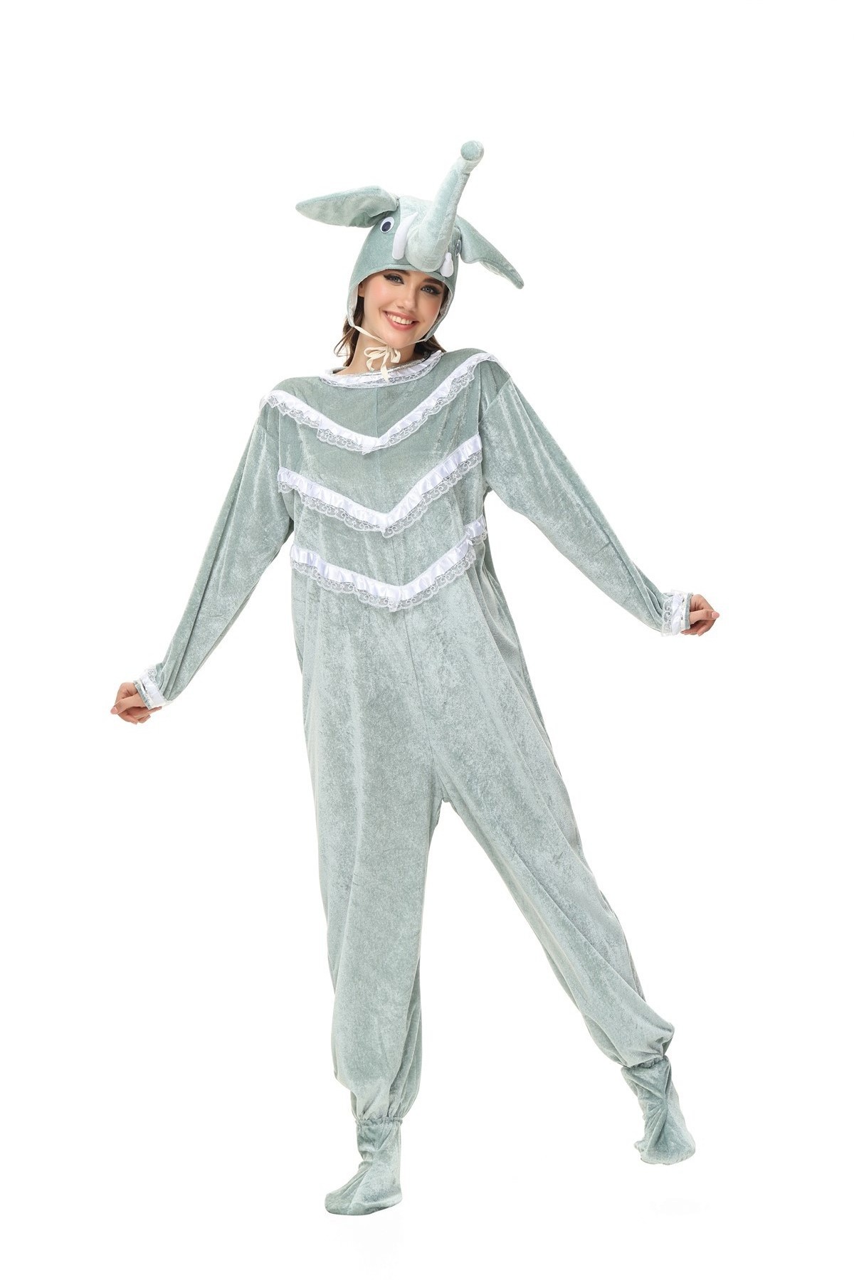 New cartoon animal adult cosplay elephant costume pajamas light grey onesie for women