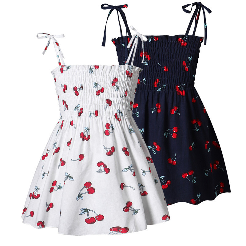 Wholesale Custom Cherry Printing Smocked Dress Children Clothing New Girls' Summer Dress Children's Skirt Princess Dress