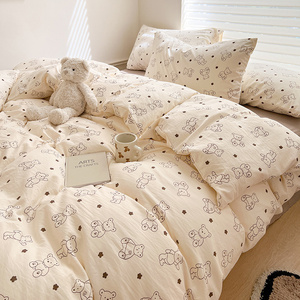 Class A Double-layer Yarn Four-piece Bedding Cartoon Cute  Sheet Quilt Cover  Hat Cotton and Linen Dormitory Three-piece S