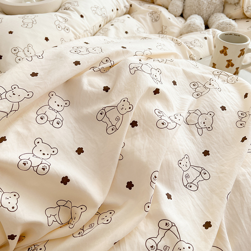 Class A Double-layer Yarn Four-piece Bedding Cartoon Cute  Sheet Quilt Cover  Hat Cotton and Linen Dormitory Three-piece S