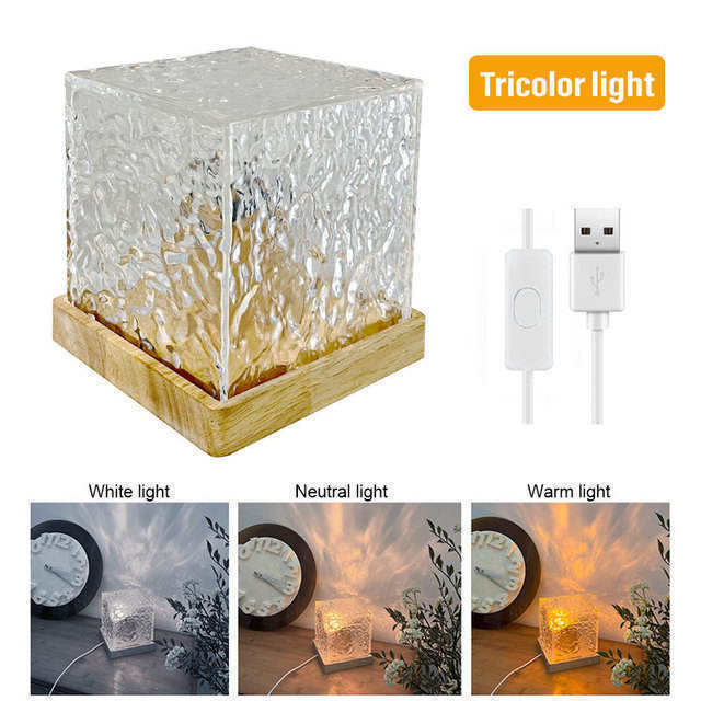 Bedroom Lamp Bedside Room Decoration LED Flame Atmosphere Table Lamp RGB Rotating Dynamic Water Ripple Crystal Night Light