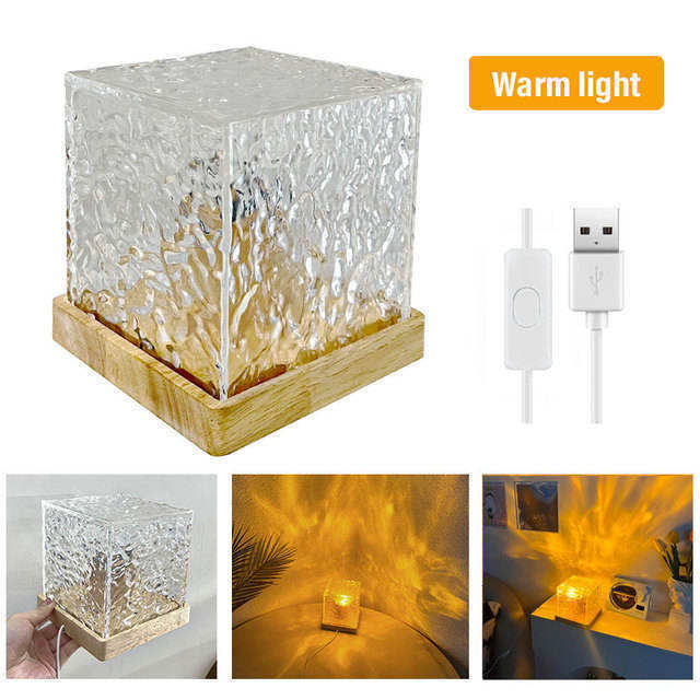 Bedroom Lamp Bedside Room Decoration LED Flame Atmosphere Table Lamp RGB Rotating Dynamic Water Ripple Crystal Night Light