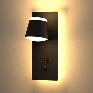 Indoor Bedroom Lamp Rotatable Adjustable Shade Bedside Wall Lamp 3000K Black LED Wall Light with Switch & USB Socket Port