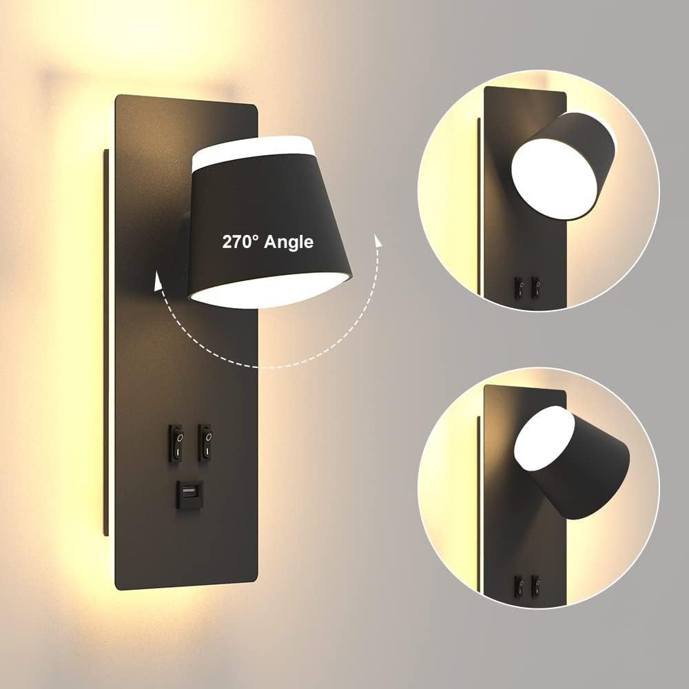 Indoor Bedroom Lamp Rotatable Adjustable Shade Bedside Wall Lamp 3000K Black LED Wall Light with Switch & USB Socket Port