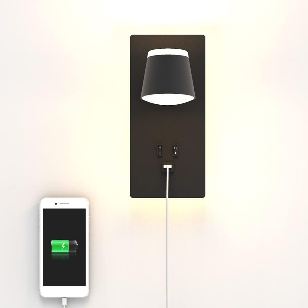 Indoor Bedroom Lamp Rotatable Adjustable Shade Bedside Wall Lamp 3000K Black LED Wall Light with Switch & USB Socket Port