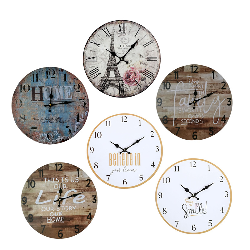 Custom Logo Art Paint MDF Hard Board Wall Clock Modern Retro Antique Style Horloge Murale Retro Plant Single Face Glass Resin