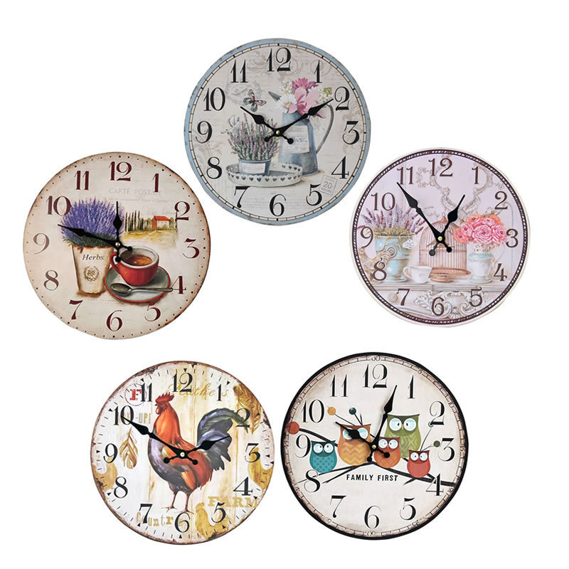 Custom Logo Art Paint MDF Hard Board Wall Clock Modern Retro Antique Style Horloge Murale Retro Plant Single Face Glass Resin