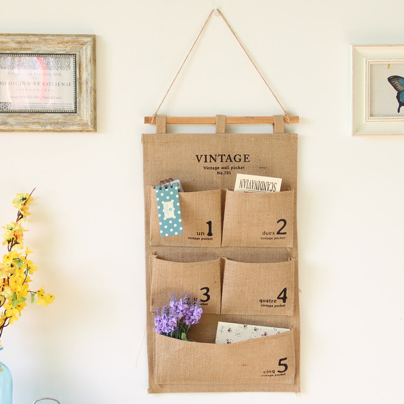 Wall Closet Hanging Storage bag with 5 Pockets Waterproof Jute Fabric Over The Door Organizer Hanging Storage basket for Bedroom