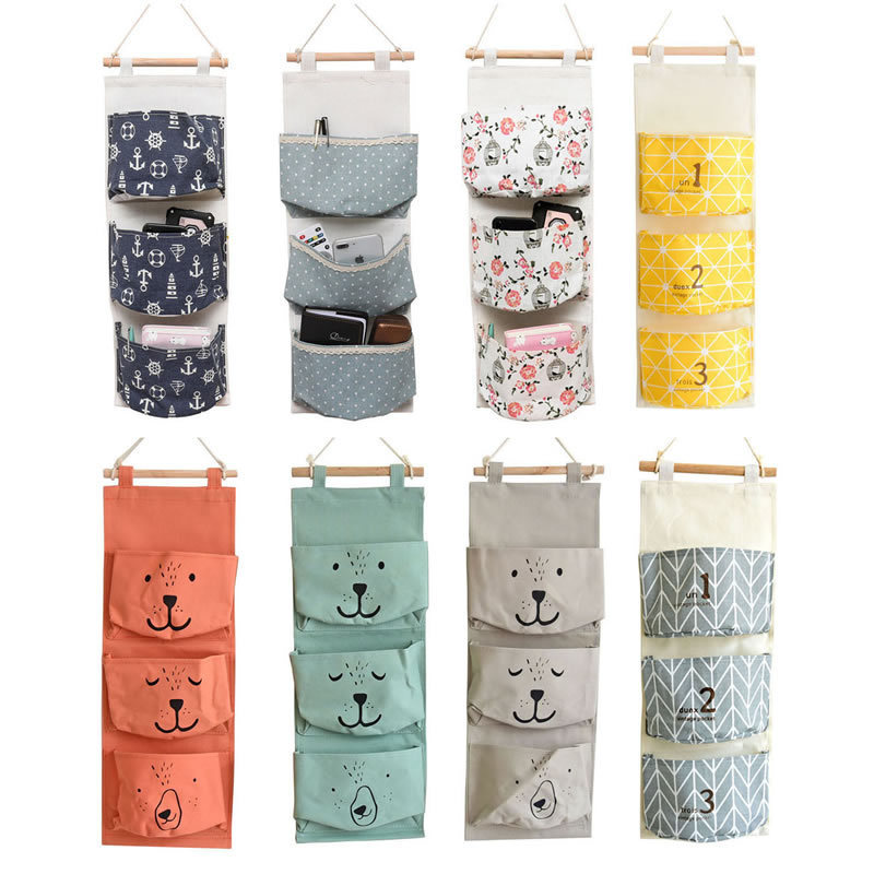 Linen Hanging Typ Storage 3Pockets Organizer Bag Folding Wardrobe Hang Closet Bag Wall Travel Organizer Home Storage Bag