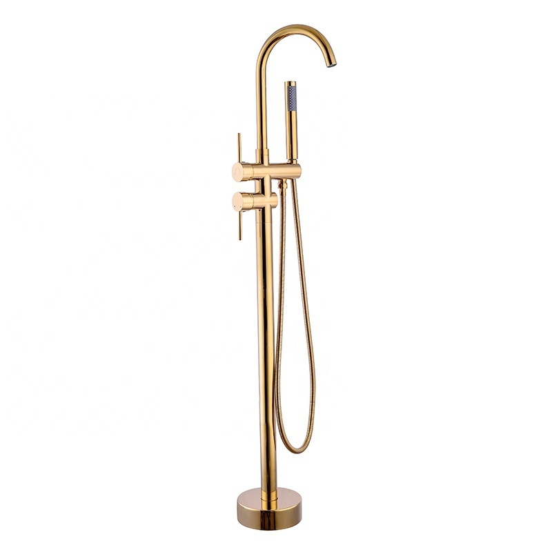 Gold Free Standing Shower Bath Mixer Tap Floor Mounted Bathtub Faucet