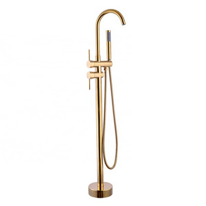 Gold Free Standing Shower Bath Mixer Tap Floor Mounted Bathtub Faucet