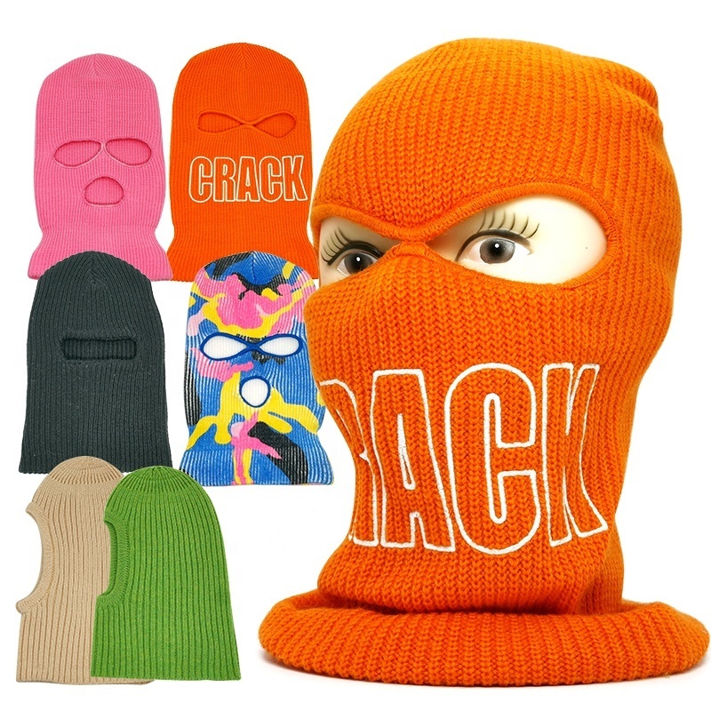 Wholesale Knitted Full Face Mask, 1 2 3 Hole Custom Designer Ski Mask with Embroidery Logo Vendors Wool 3 Hole Skimask Balaclava