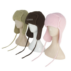 Luxury Designer High Quality Custom Acrylic Wool Ear Flap Men Beanie with Thick Ribbed Ladies Women Knit Beanie Hats