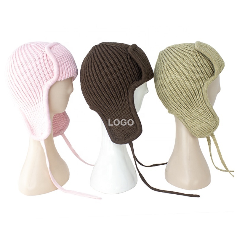 Luxury Designer High Quality Custom Acrylic Wool Ear Flap Men Beanie with Thick Ribbed Ladies Women Knit Beanie Hats